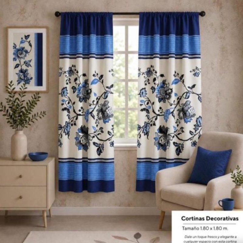 PARES CORTINA AZUL CON FLORES